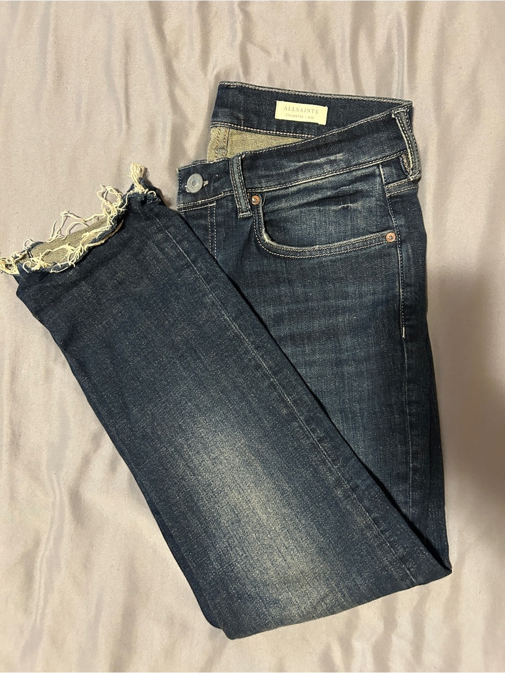 AllSaints Dark Indigo Frayed-Hem Cropped Jeans
